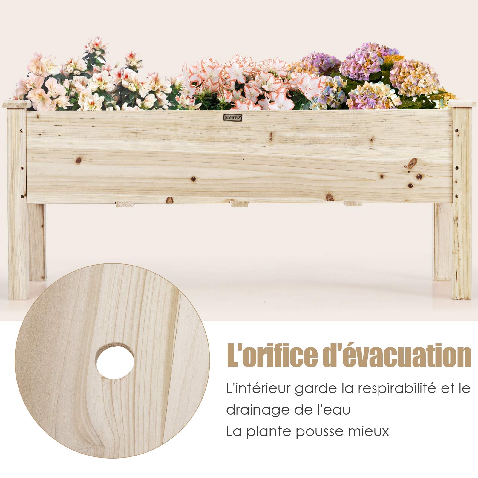 COSTWAY Jardinière Surélevée en Bois avec 5 Trous de Drainage (Naturel)