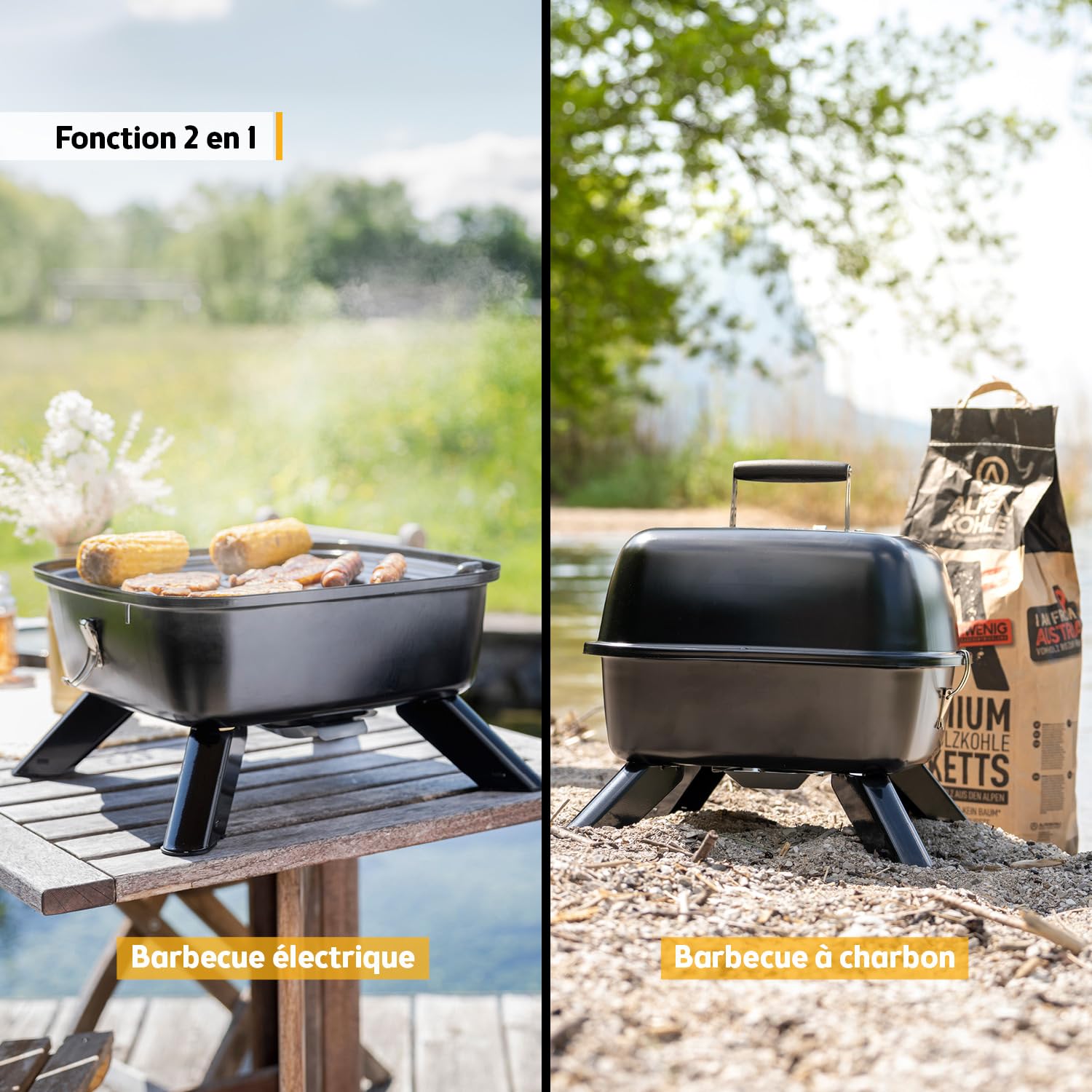 TZS 2in1 gril électrique gril sphérique - gril électrique hybride BBQ extrêmement stable & compact pour balcon - gril de table 2000 watts électrique ou au charbon de bois -montage & nettoyage faciles