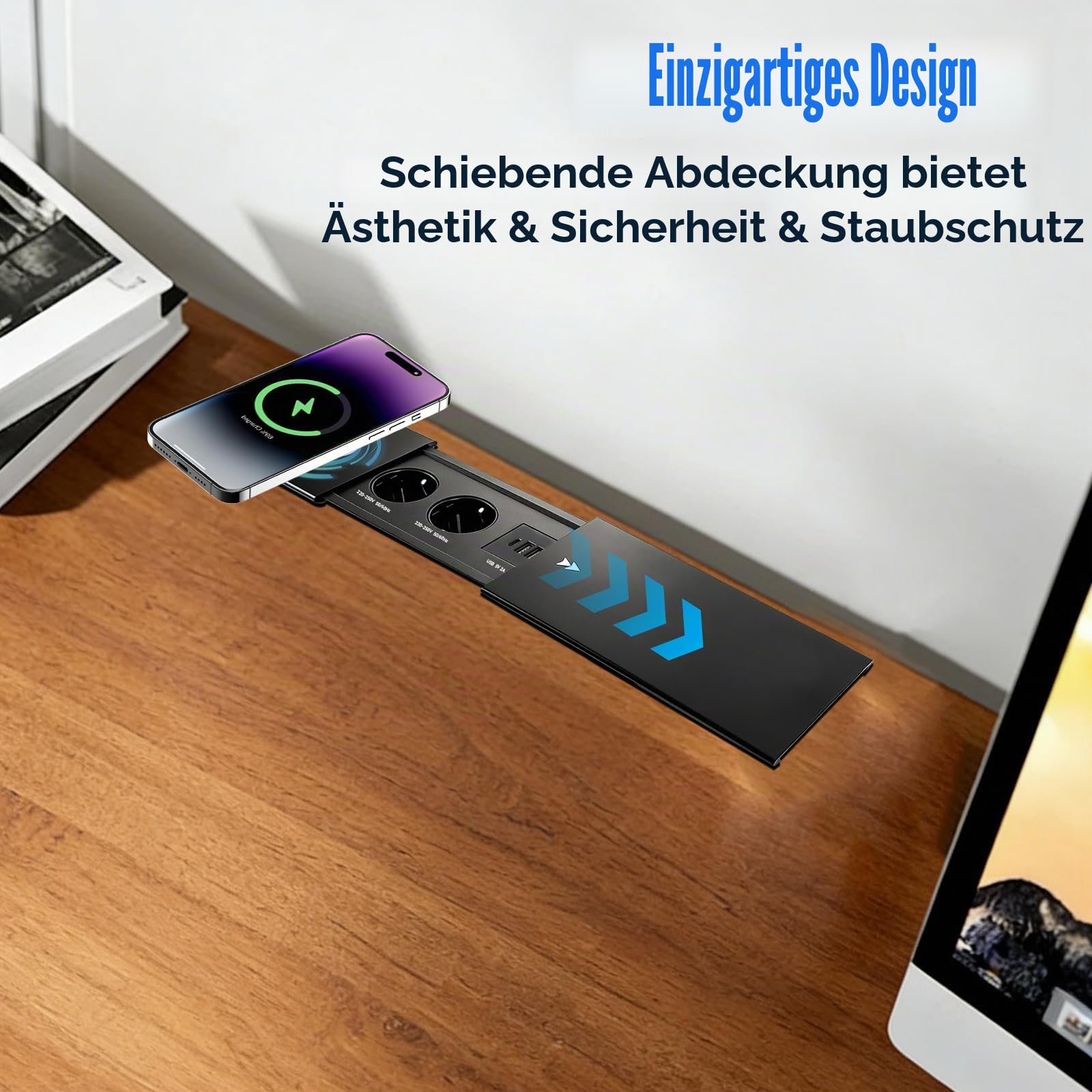 Einbau Steckdosenleiste, 2 Fach Versenkbare Einbausteckdose mit 15W Kabelloses Ladegerät und USB-C, Steckdose Versenkbar mit Schiebedeckel für Schreibtisch Sofatisch Konferenztisch
