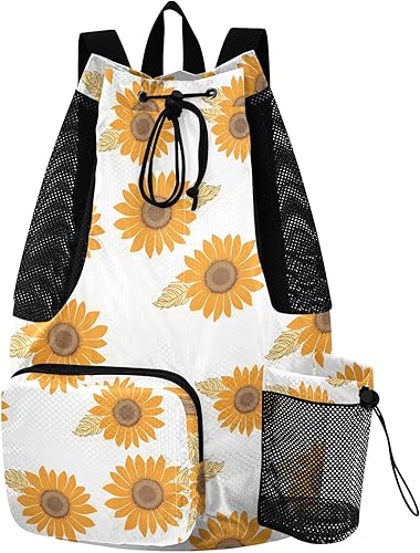 Backpack Beach Mesh Drawstring Backpack For Beach & Gym - Water-Repellent With Wet Pocket, Packable, Lightweight Swim Bag (Sunflower White) White Drawstring Backpack