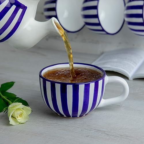 Miniatura 4 de City to Cottage Taza de cerámica hecha a mano, diseño de rayas azul marino, extra grande de 17.5 onzas, capuchino de cerámica, café, té, taza de