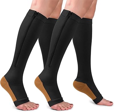 2 Pairs Copper Zipper Compression Socks 15-20mmgh-Calf Knee High Open Toe Support Stocking Compression Stocking