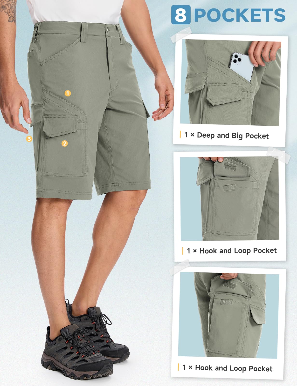Moosehill Mens-Hiking-Shorts Cargo Lightweight Water Resistant Quick Dry Big & Tall with 8 Pockets for Tactical Work(Sage Green, 34)