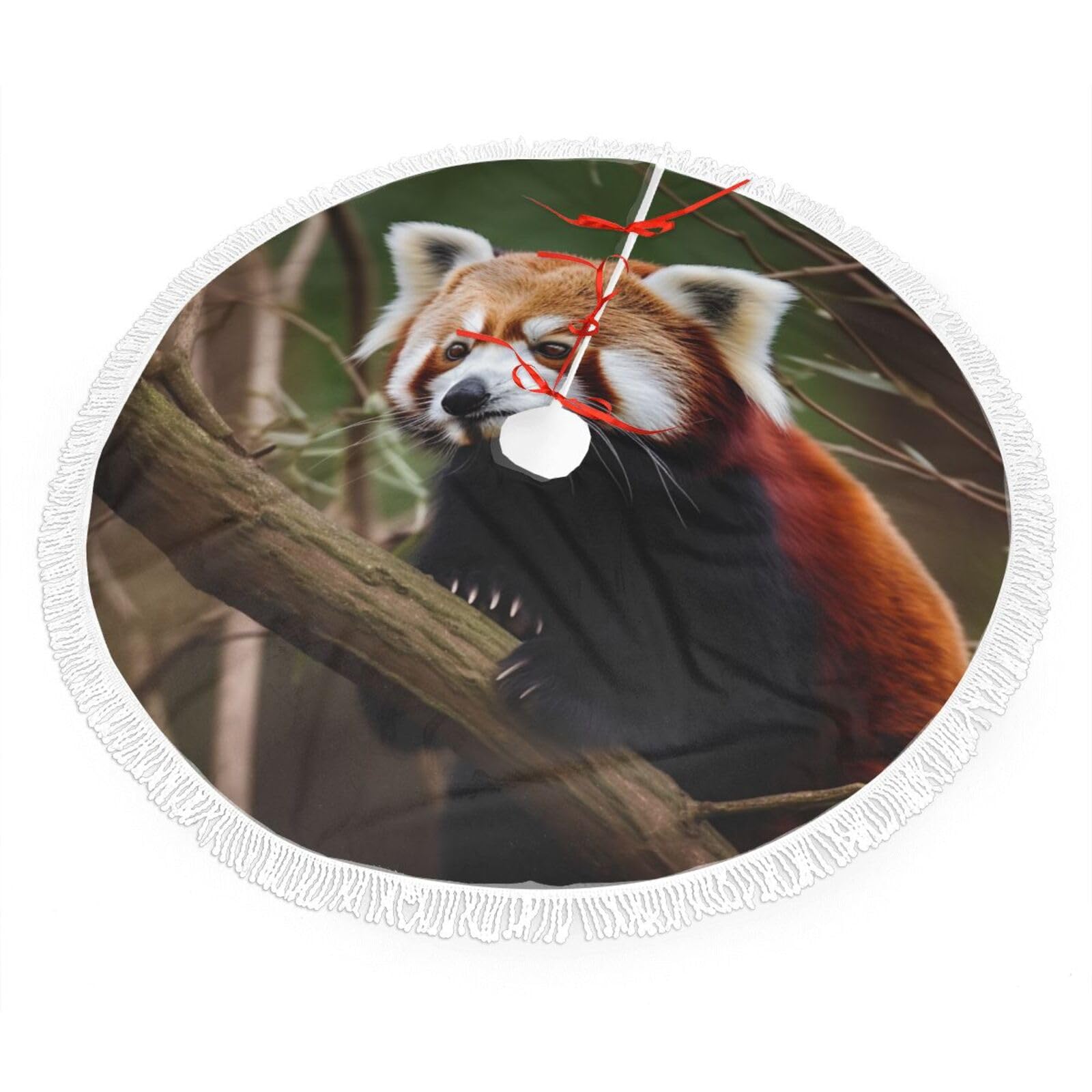Red Panda on Tree Branch Christmas Tree Skirt 48", Soft Plush Xmas Tree Carpet with Tassel Christmas Ornaments Winter Holiday Tree Mat Decoration for Home Party Supplies