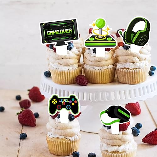 Vista 7 de 24 piezas de decoración de postre de doble cara para cupcakes, consola de juegos, juegos, deportes electrónicos, suministros de decoración