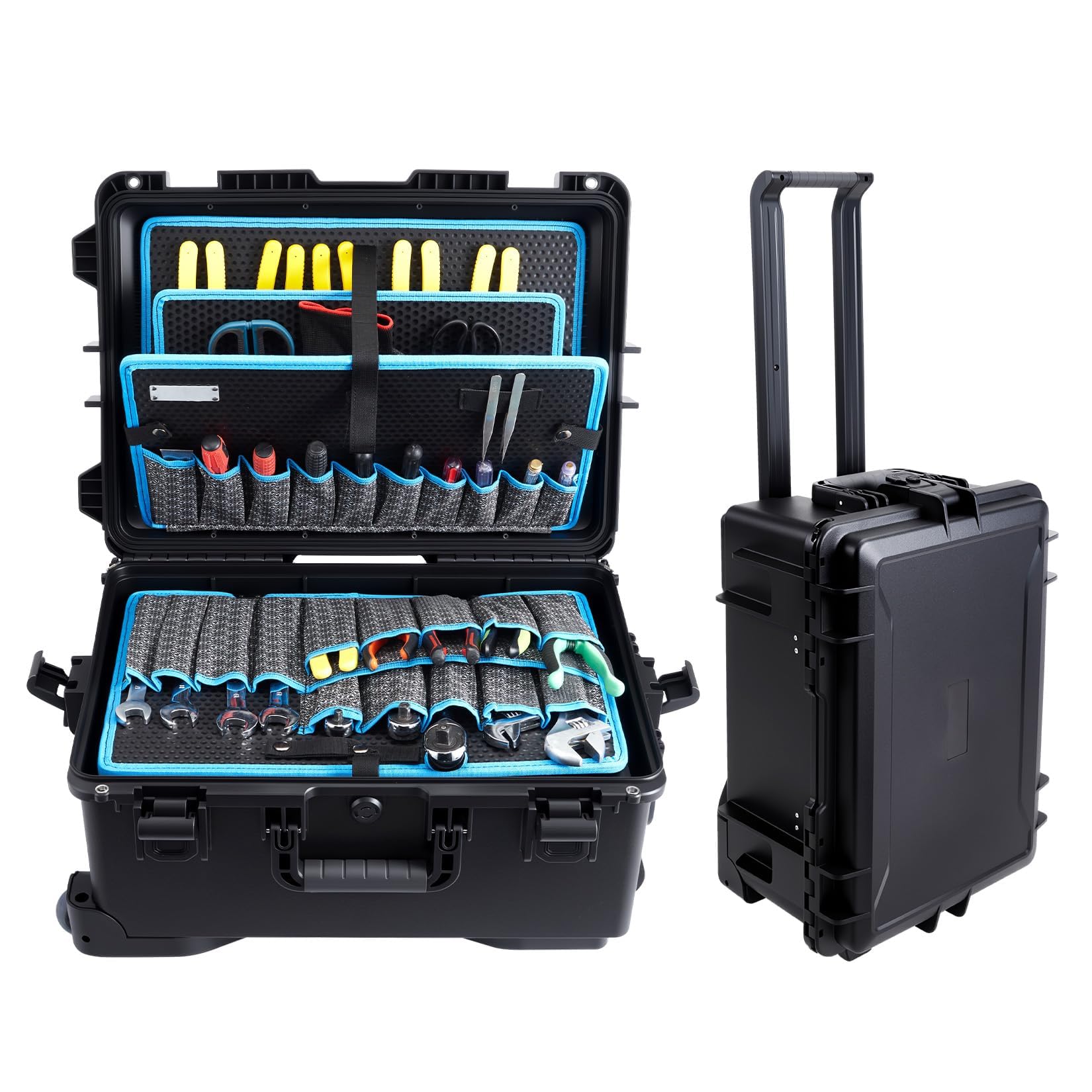 Heavy-Duty Black Rolling Tool Box with Wheels – 4-Layer Mobile Tool Station, Waterproof Travel Tool Case, Adjustable Dividers for Home Improvement & Job Site Use