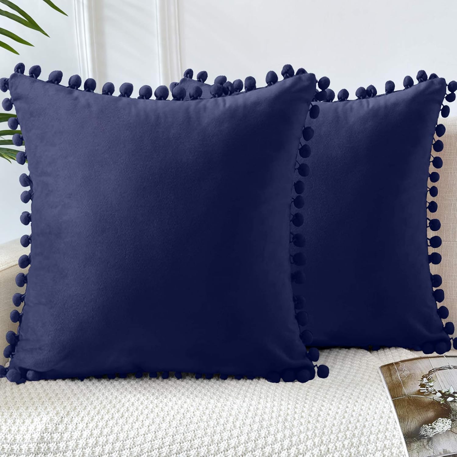 LHKIS Throw Pillow Covers 24x24, Navy Decorative Velvet Farmhouse Pillow Cases Cushion Cover with Pom Poms for Couch Sofa Bedroom, Set of 2