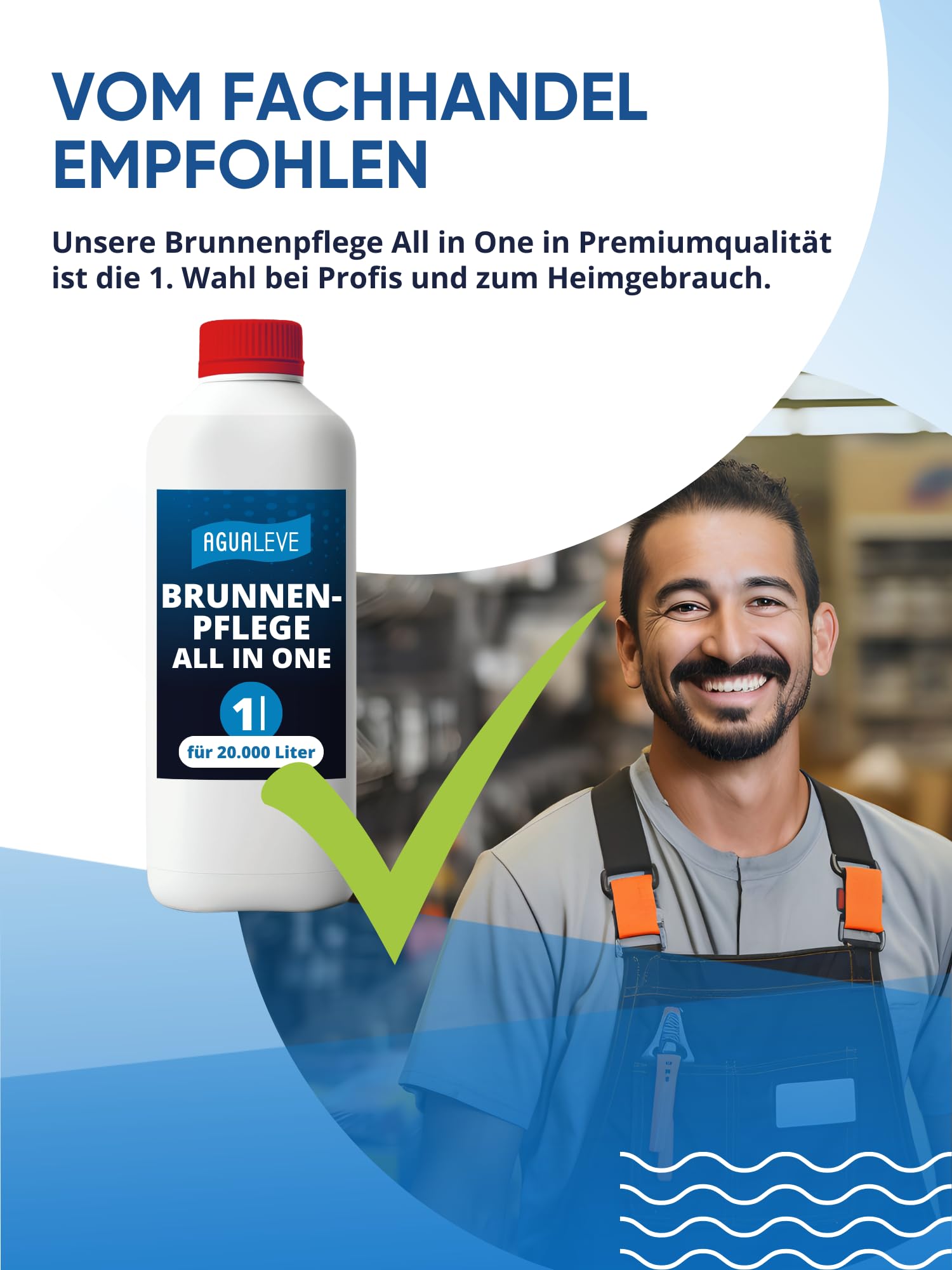 AGUALEVE® Brunnenpflege All in One 1 Ltr. *NEU* | Desinfektion, Algenschutz, Kalkschutz und Kristallklareffekt | für alle Brunnen geeignet, die Nicht säureempfindlich sind | Made in Germany