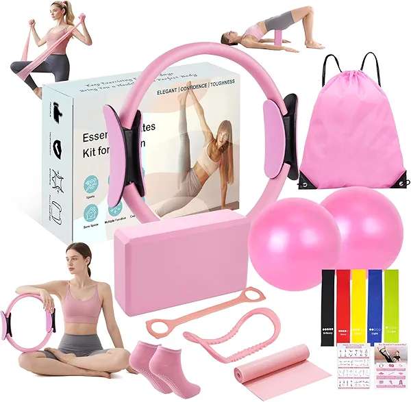 Pilates Kit for Women, Home Pilates Equipment Set with Pilates Ring and 2 Ball, 5 Resistance Bands, Yoga Block,Full Body Core & Flexibility Training,14-in-1 Portable Durable At Home Pilates Kit