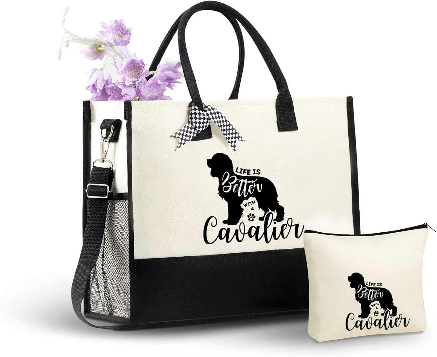 InnoBeta Cavalier Dog Gifts for Women Canvas Tote Bag, Cavalier Dog Gifts Tote with Top Zipper Closure and Shoulder Strap for Birthday, Mother's Day, Christmas