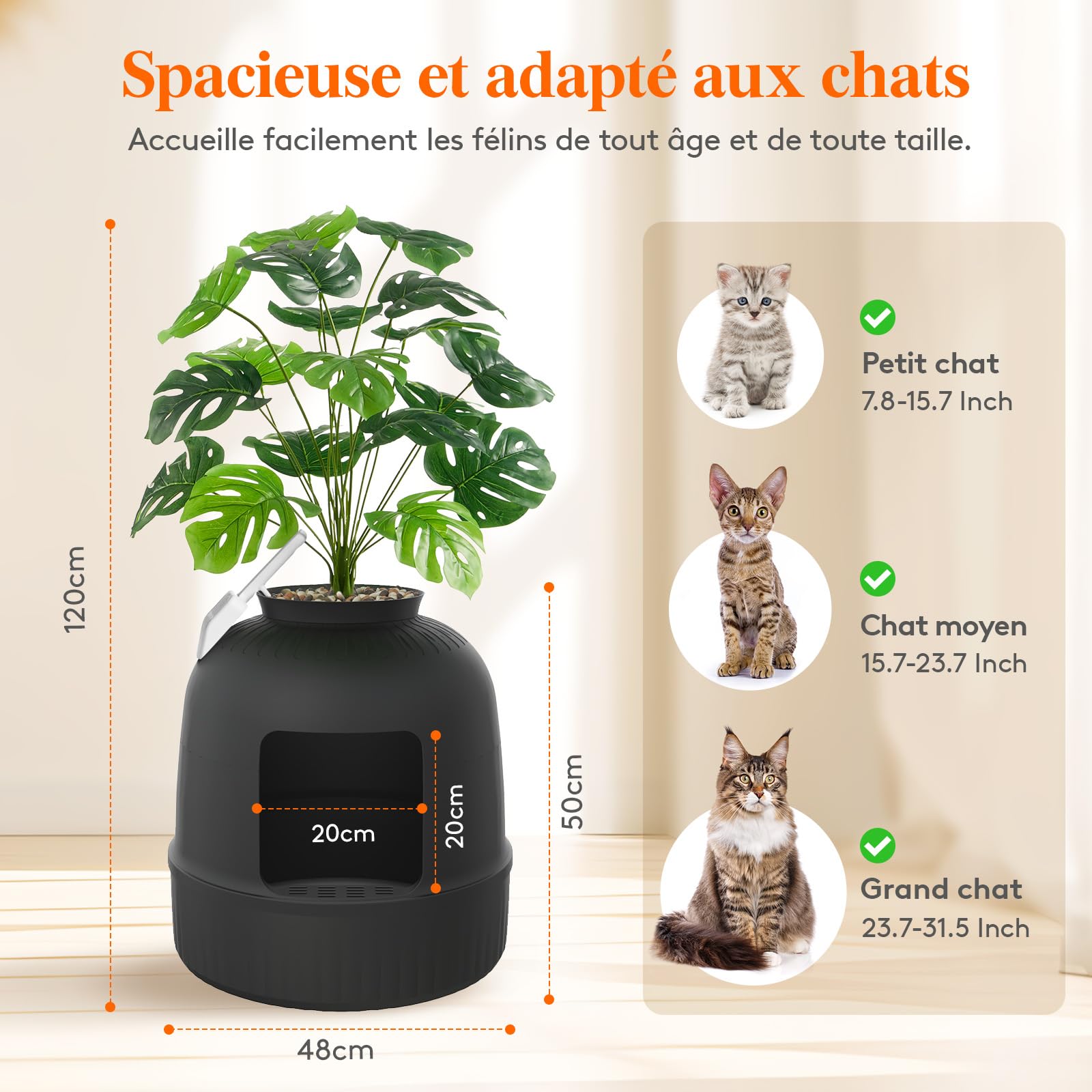Lifewit Bac Litiere pour Chat avec Désodorisant et Filtre, Maisons de Toilette Chats pour Salon, Chambre à Coucher, Coins, Litiere Chat Fermé avec Fausse Plante, Pelle, 48 x 120 cm, Noir