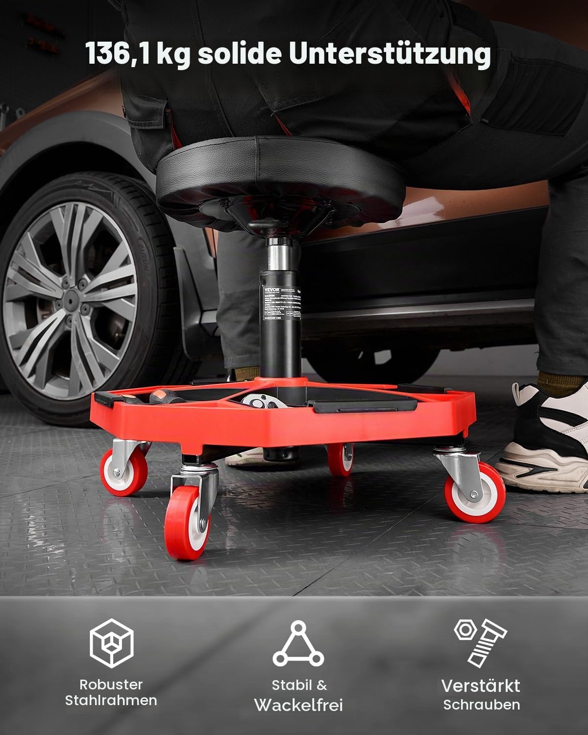 VEVOR Rollbarer Werkstatthocker Werkstattsitz (136 kg Tragkraft) Garagensitz Arbeitshocker, höhenverstellbar (420–550 mm), Rollsitz mit Werkzeugablage für Garage Werkstatt Autoreparatur, Schwarz+Rot