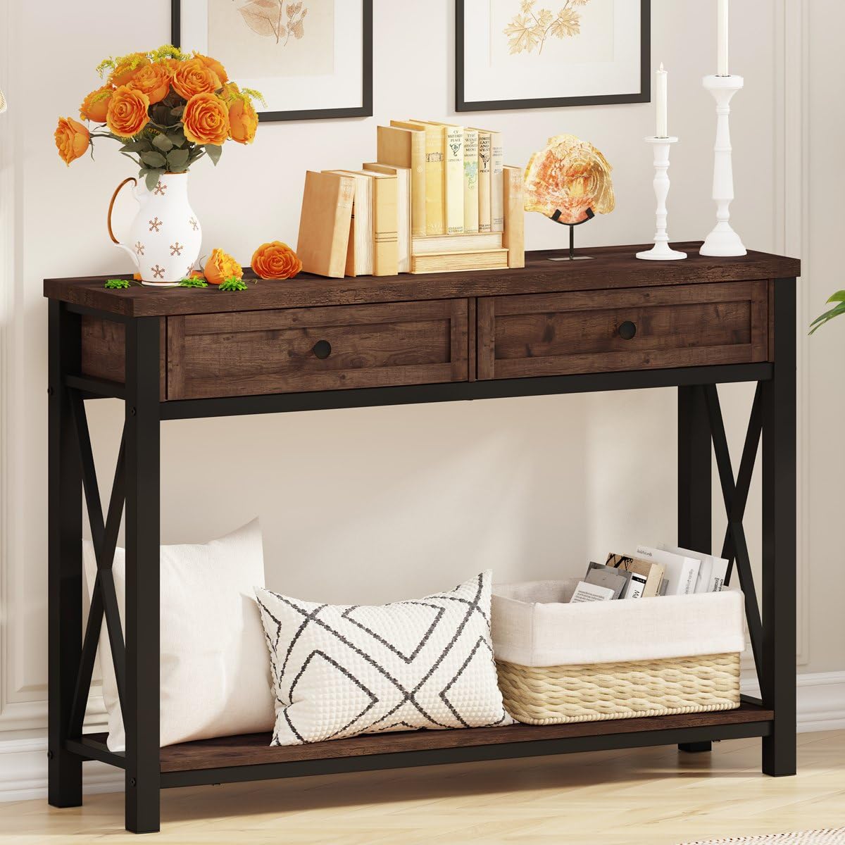 BON AUGURE Console Table with 2 Drawers Entryway Tables with Storage Sofa Table Behind Couch for Living Room
