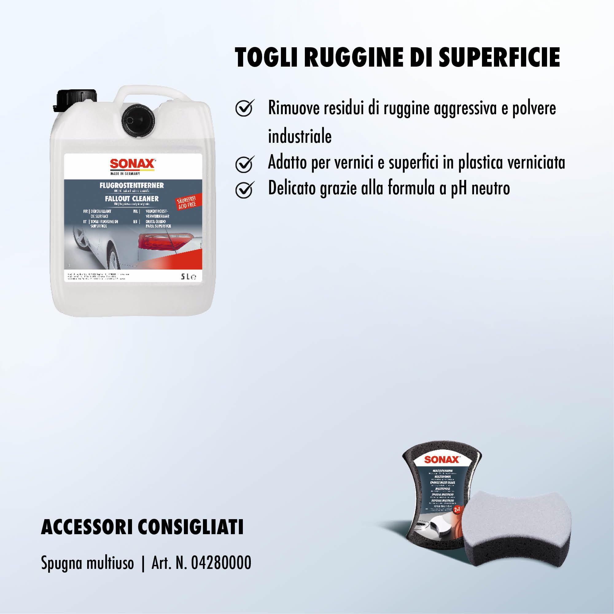SONAX Togli ruggine di superficie (5 Litri) agisce sulle superfici verniciate, eliminando macchie di ruggine e polvere industriale | Art. N. 05135050