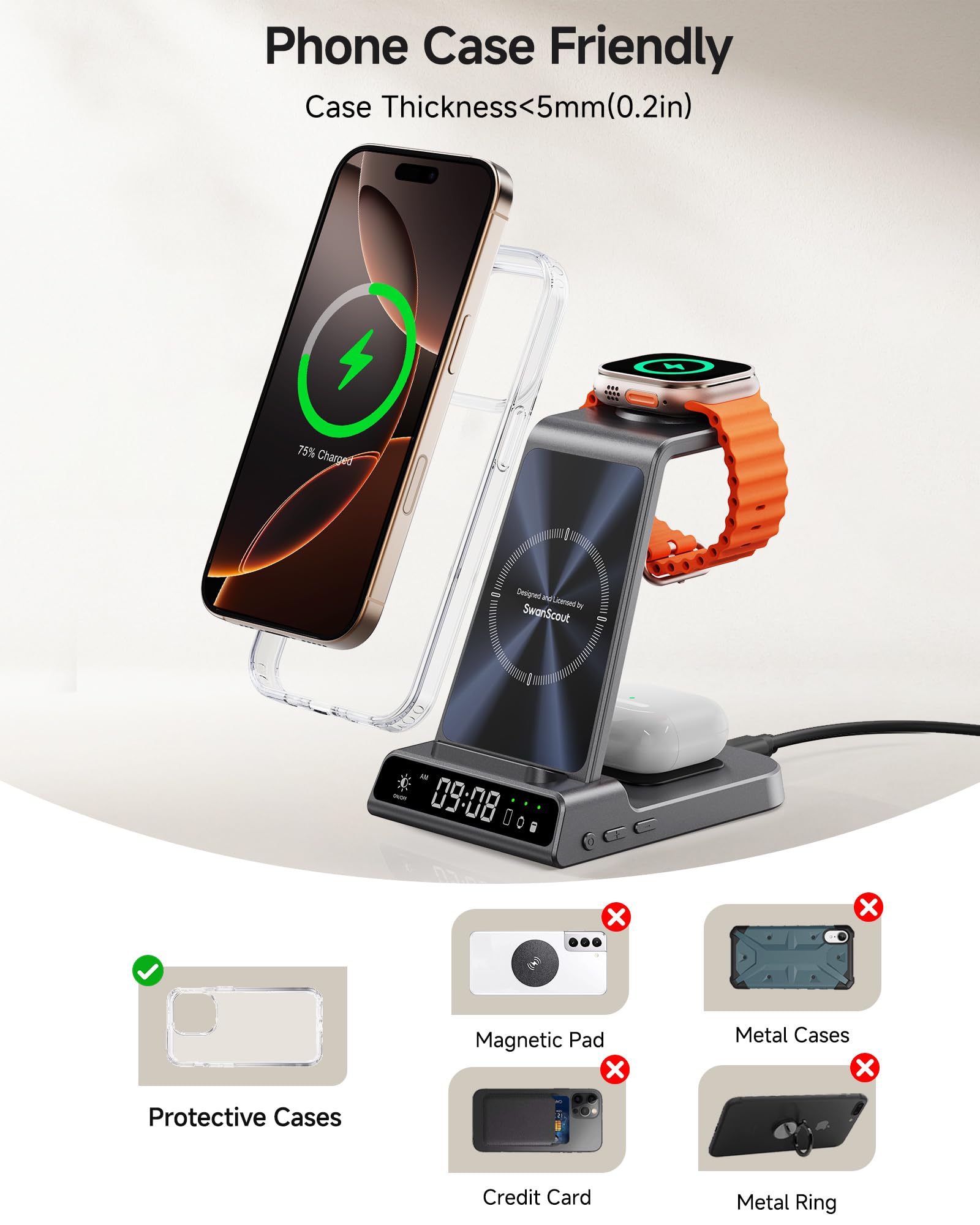 Cargador Inalambrico 3 en 1 para iPhone Air/17/16/15/14/13/12, para Apple Watch Ultra 3/11/10/9/8/7/SE 3 y AirPods/Pro/4/3, SwanScout C02A