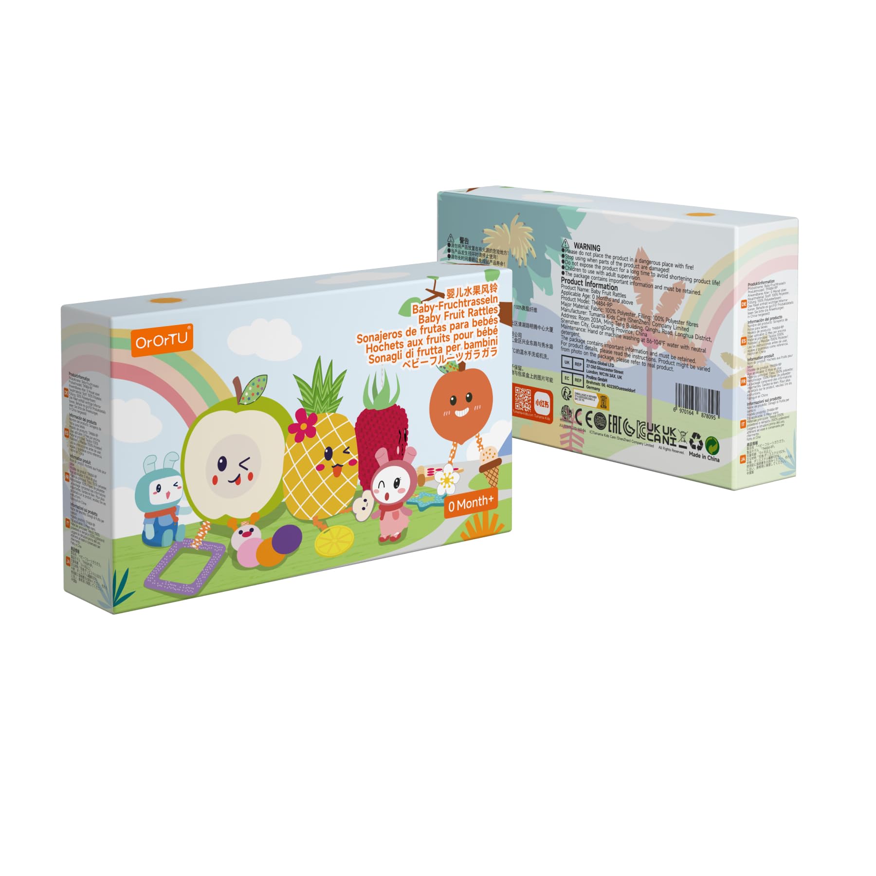 OR OR TU Giochi Neonato 0 3 6 9 Mesi Sonaglio Neonato con Campana Teether 4 pezzi Peluche Frutta Baby Giochi Sensoriali Auto Culla Passeggino Giocattolo per Regalo Neonata