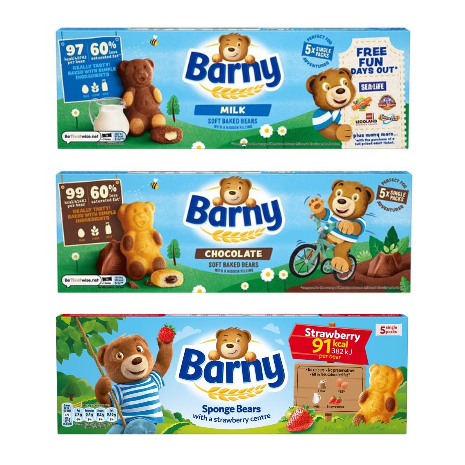 Barny Soft Bake Bear Biscuits - 5 x Chocolate, 5 x Milk, 5 x Strawberry Flavours. (15 x Single Packs Total)