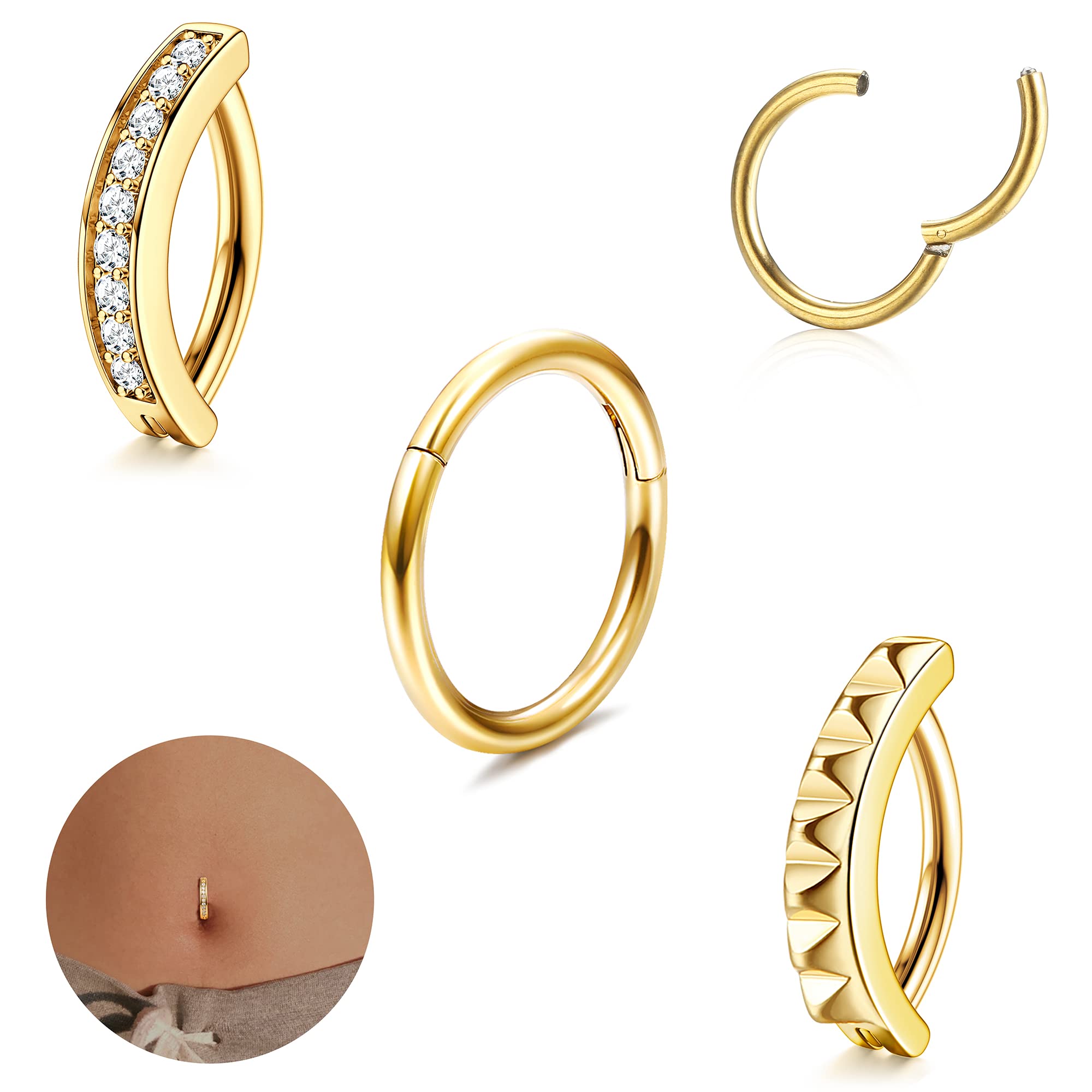 LOLIAS 3 Piezas 14G Clicker Piercing Ombligo Aro Piercing Ombligo Acero Quirurgico 10/12MM Plata Oro Piercing Ombligo Anillos