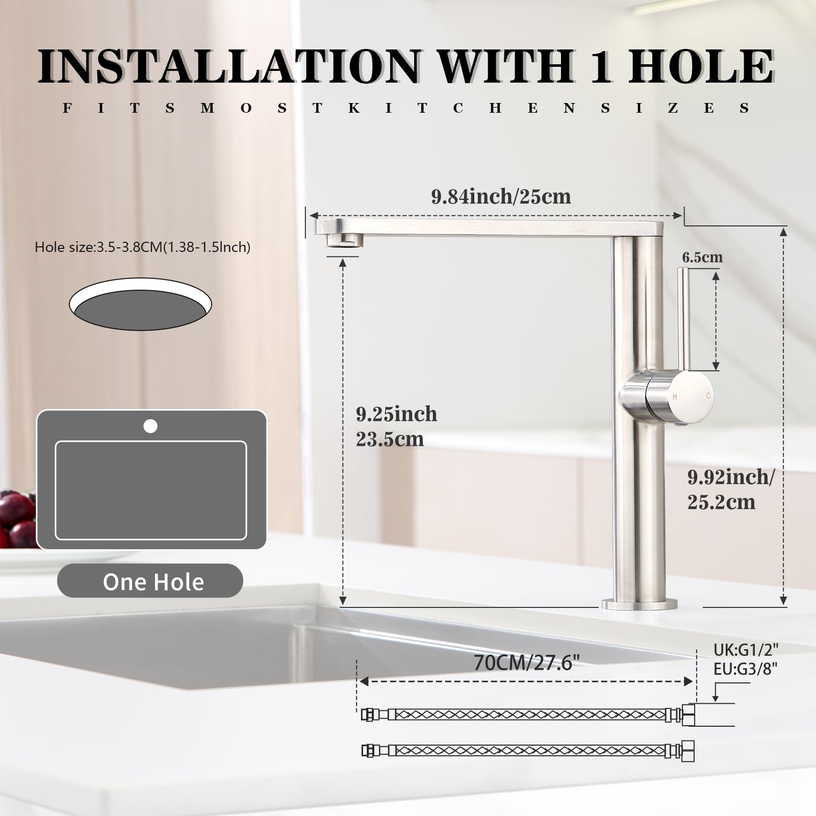 Tohlar Kitchen Tap, Brushed Stainless Steel Kitchen Sink Mixer Tap, Single Handle Monobloc 360° Swivel Faucet Hot Cold Mxier - Image 2