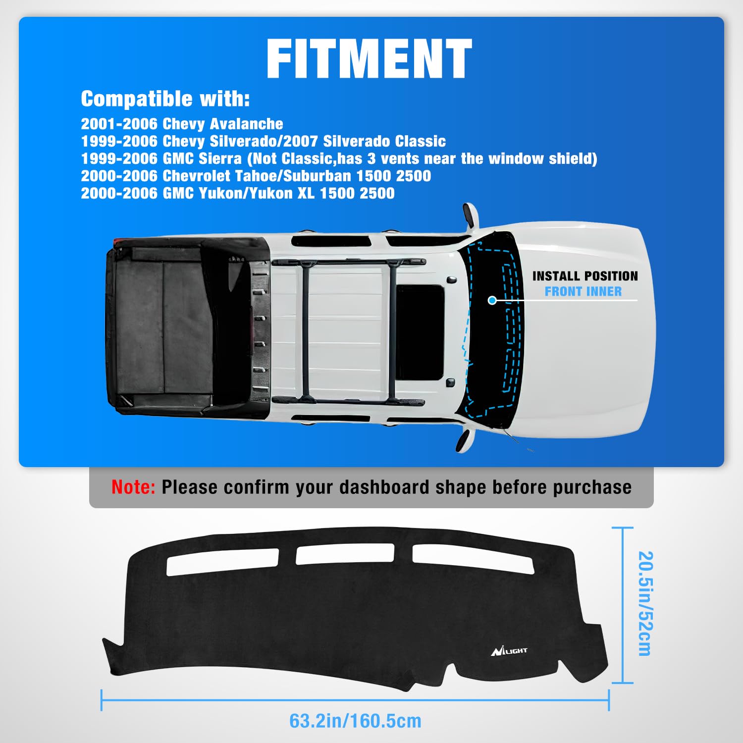 Nilight Armaturenbrettabdeckung für GMC Sierra/Chevy Silverado, 2000-2006 GMC Yukon/Yukon XL/Chevy Suburban/Chevy Tahoe, 2001-2006 Lawine, Wildleder Armaturenbrett-Matte, Schwarz