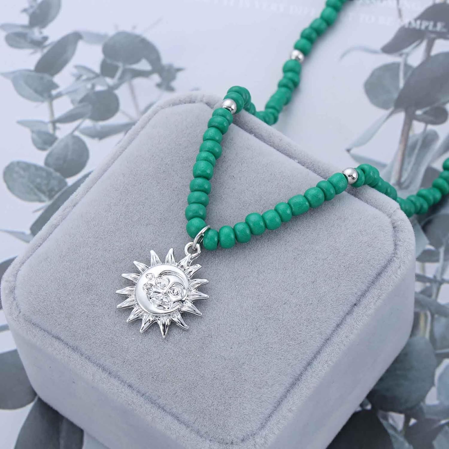 Andelaisi Boho Sun Pendant Necklace Vintage Sunburst Choker Necklace Green Rice Bead Necklace Adjustable Sun Celestial Flower Necklace Jewelry for Women - Image 5