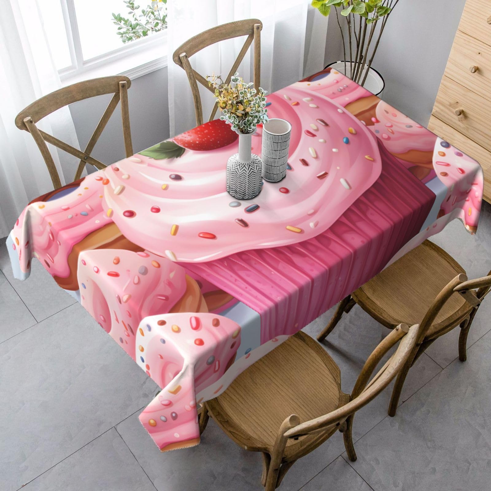 FodPand 35x55 Inch Tablecloth Stain and Wrinkle Resistant Table Cover Rectangular Washable Kitchen Table Cloth for Dinning Room Picnic Patio Party Decor, Pink Donut and Cupcake