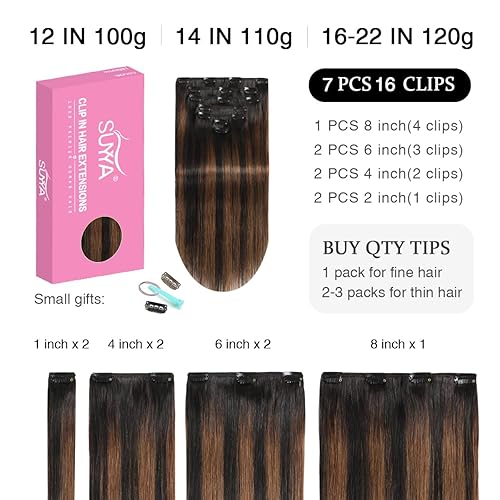 Miniatura 2 de SUYYA Extensiones de cabello humano real con broches, 16 pulgadas, 4.23 oz, 7 unidades, sedoso y lacio, doble trama, balayage, negro natural a