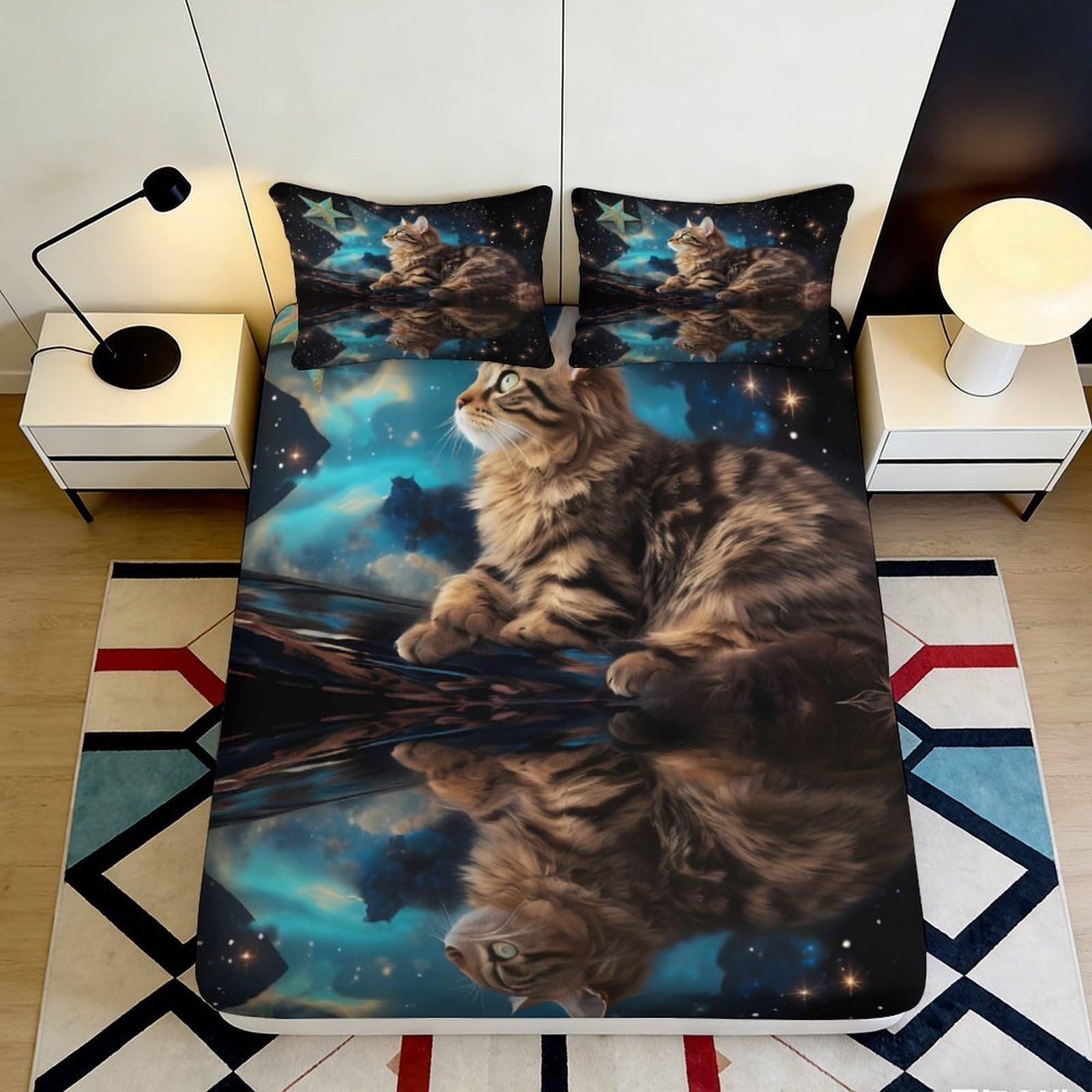 3D Printed Cat Galaxy Fitted Sheet Microfiber Soft Breathable Nebula Bed Cover for Bedroom Dorm Decor 90x200x25cm