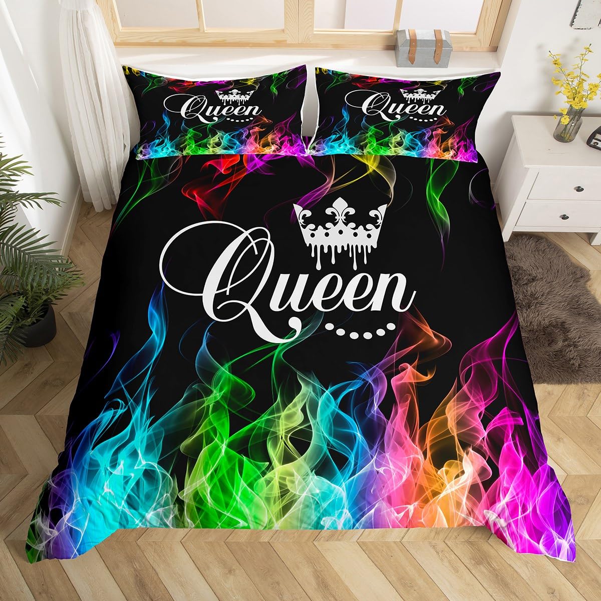 Homemissing King and Queen Crown Duvet Cover Set Modern Chic Bedding Set Super King Size Comforter Cover for Couples 3 Pieces Rainbow Colorful Flame Quilt Cover Valentines Day Gifts Bedding Cover