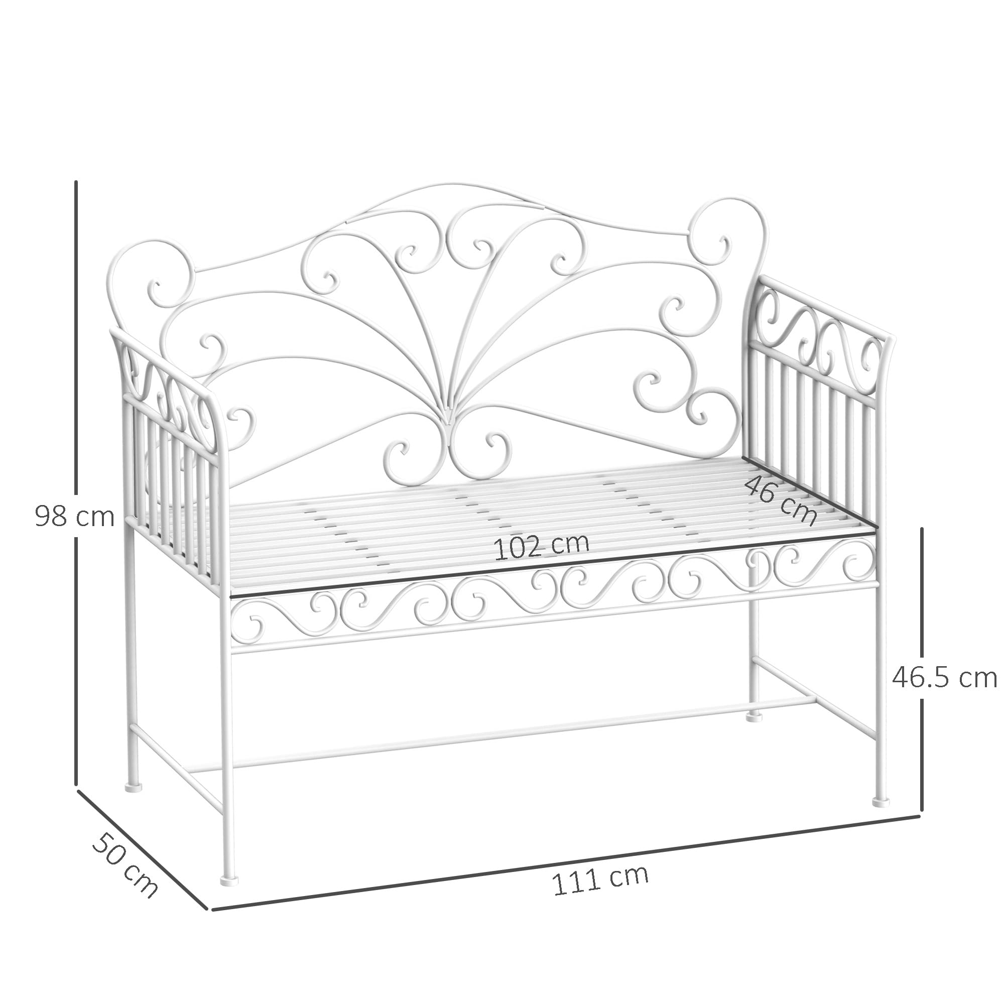 Outsunny Panchina da Esterno a 2 Posti, Panchina Biposto da Giardino Stile Romantico Ferro 111 x 50 x 98cm Bianco