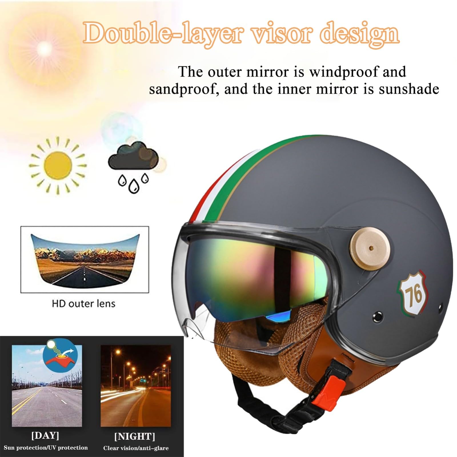 Casco De Motocicleta Estilo Vintage con Doble Visera, Casco Jet para Scooter, Crucero, Ciclomotor, Casco Abierto 3/4 para Hombre Y Mujer, Homologado por ECE/Dot.
