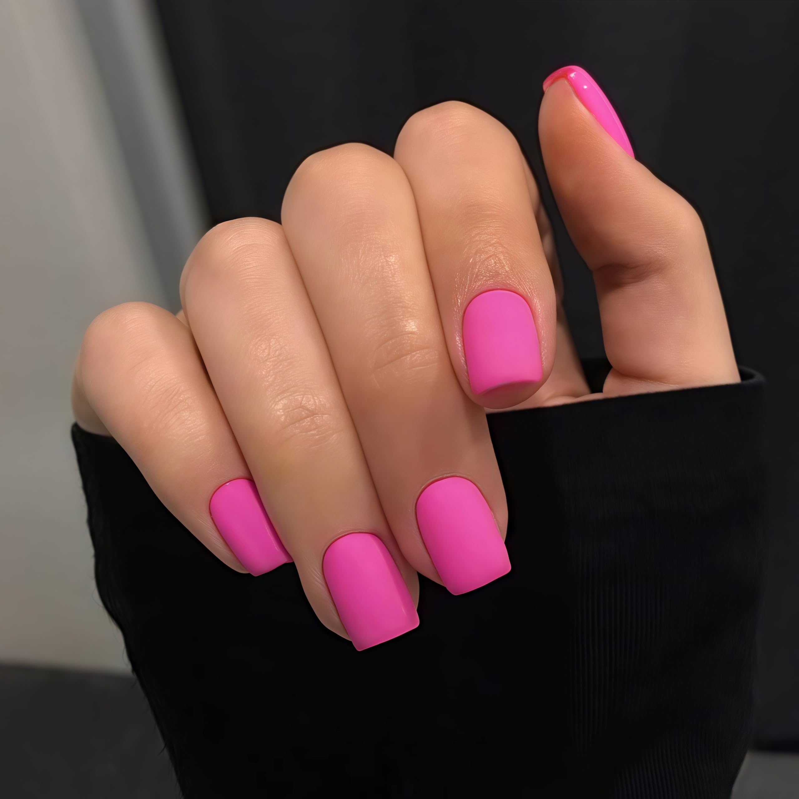 KQueenest Matte Hot Pink Press on Nails Short Square, Short False Nails Coffin, Velvet Solid Burgundy Small Fake Nails Set