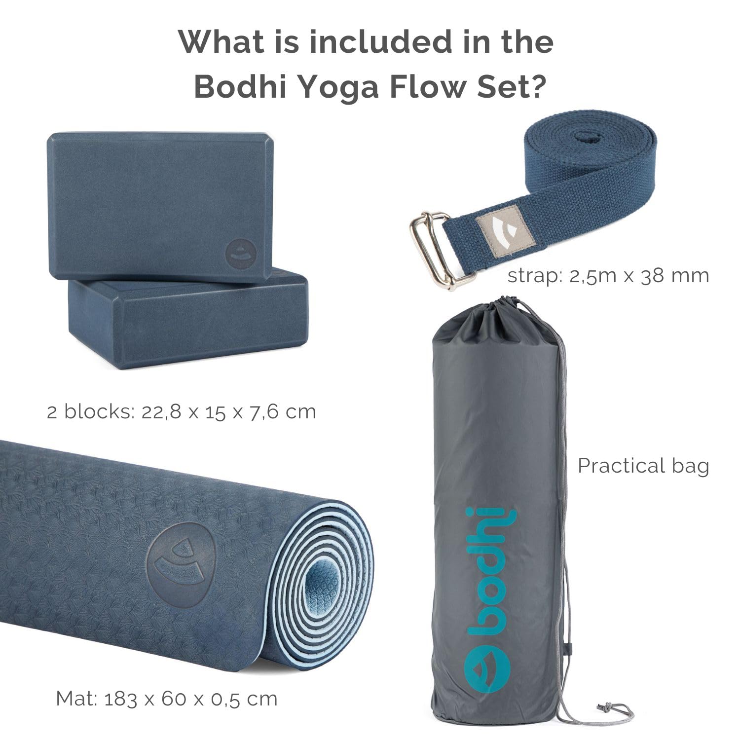 Bodhi Juego completo de iniciación de yoga | Set compuesto de: 1 esterilla de yoga de TPE, 2 ladrillos de yoga de EVA (goma) y 1 correa de yoga de algodón | Kit de principiantes para principiantes