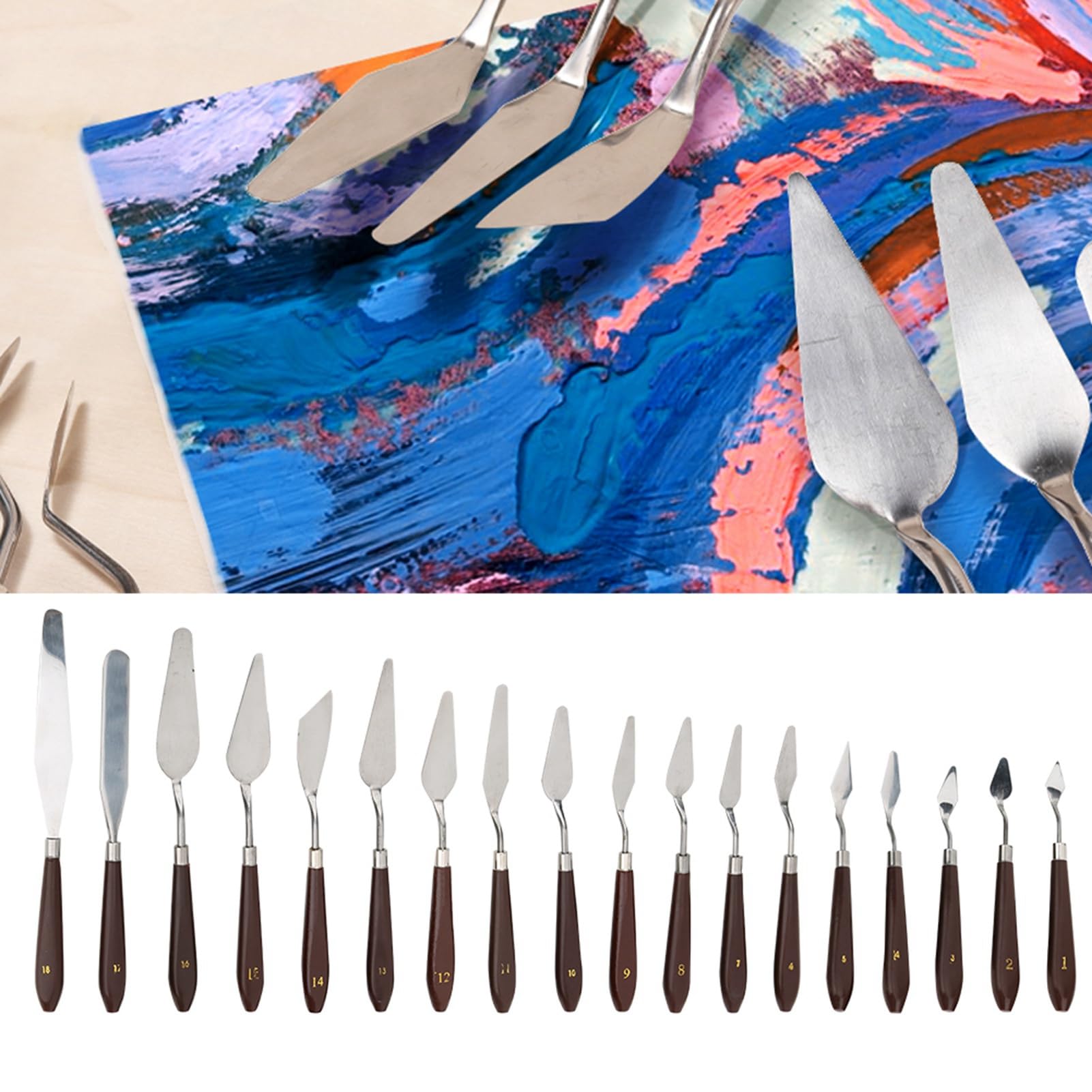 18 Pièces Palette Couteau Ensemble en Acier Inoxydable Spatule Palette Couteau Manche en Bois Peinture à L'huile pour Toile Peinture Acrylique(18pcs)