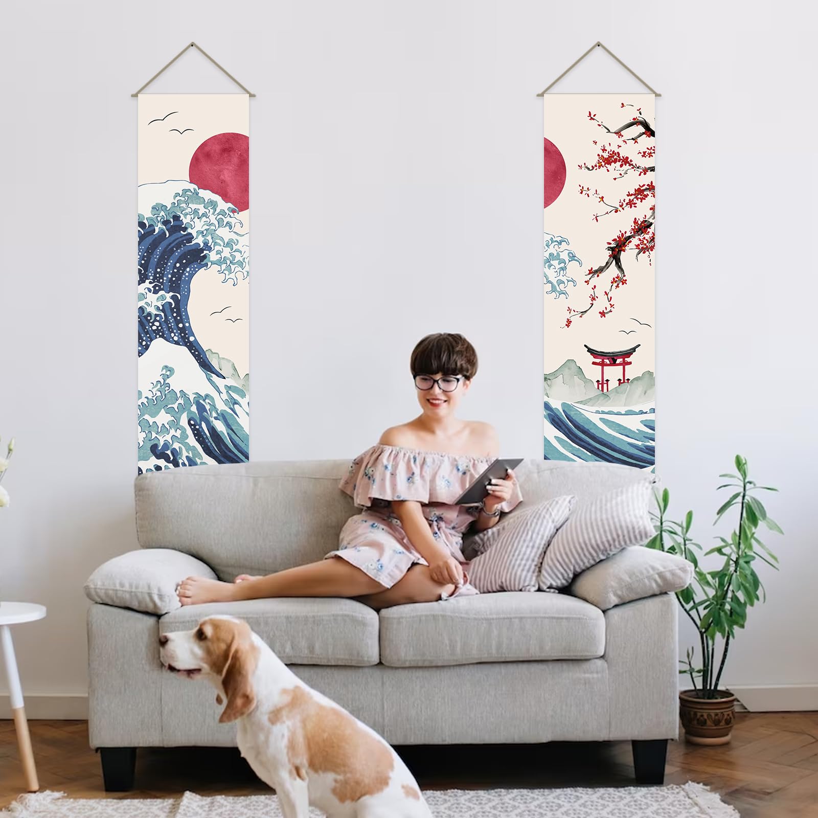 AHANDMAKER Confezione da 2 arazzi giapponesi con onde dell'oceano, sole rosso e onde e fiori di ciliegio rossi, arazzo con nappe per camera da letto, 33 x 130 cm