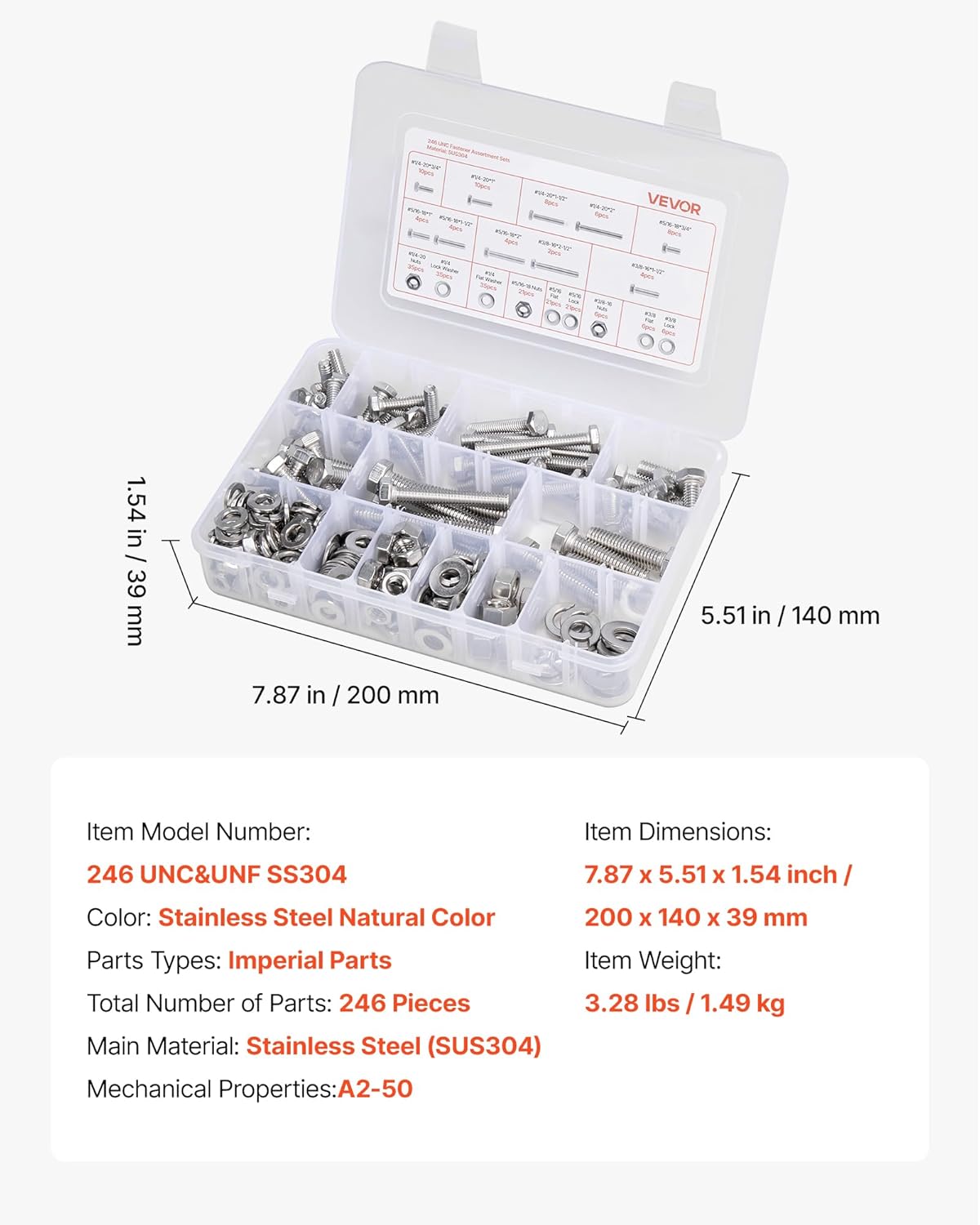VEVOR 246 Pcs Bolts and Nuts Assortment Kit, Imperial Screws and Flat Washers, Stainless Steel 1/4-20,5/16-18,3/8-16, Spring Lock Washers for Furniture/Equipment/Vehicle Assembly with Case