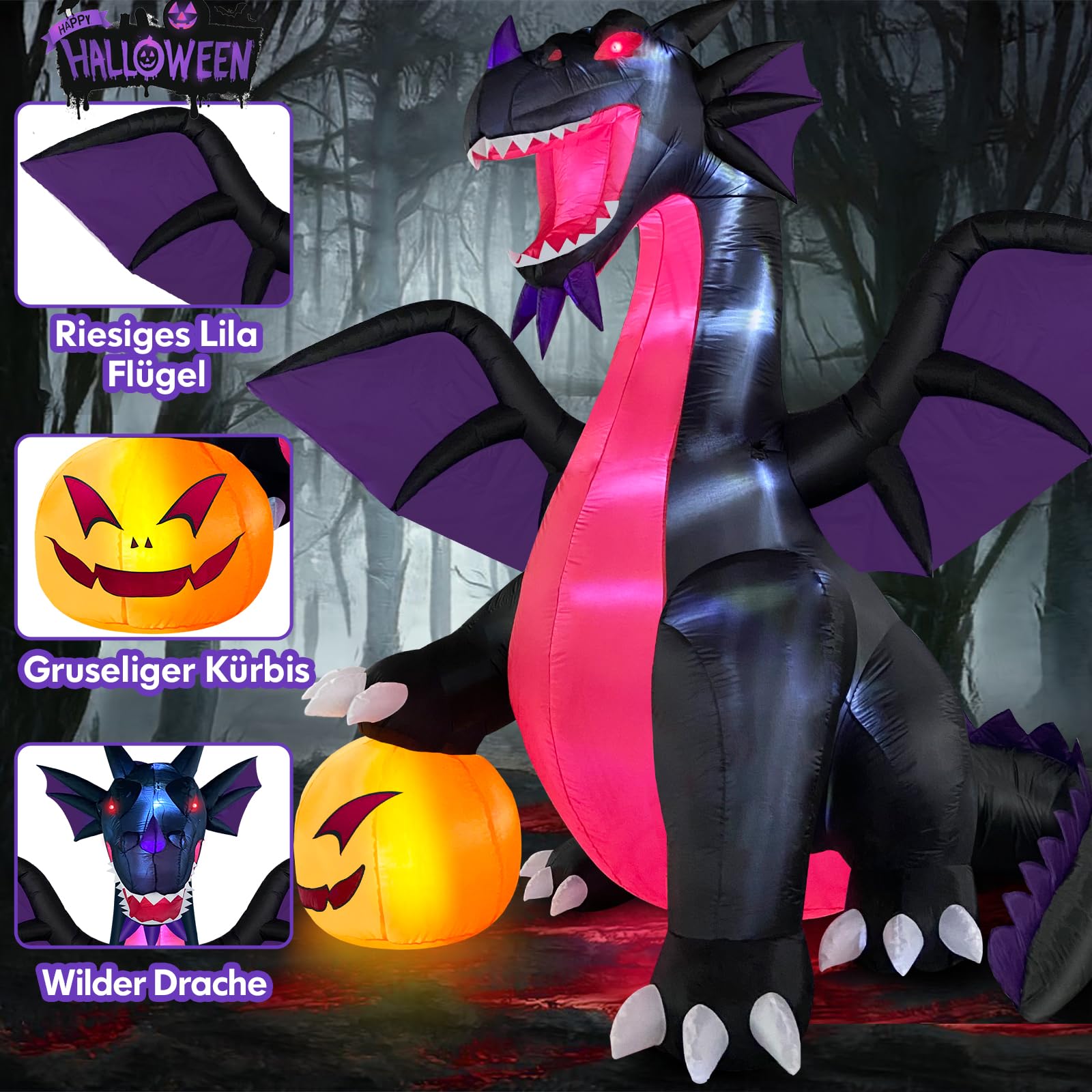Danxilu 2,7m XXL Halloween Aufblasbar Drache auf Kürbis Outdoor Deko | Aufblasbare Figuren Dekoration mit LED-Beleuchtung für Garten Draußen Rasen Party Vorgarten
