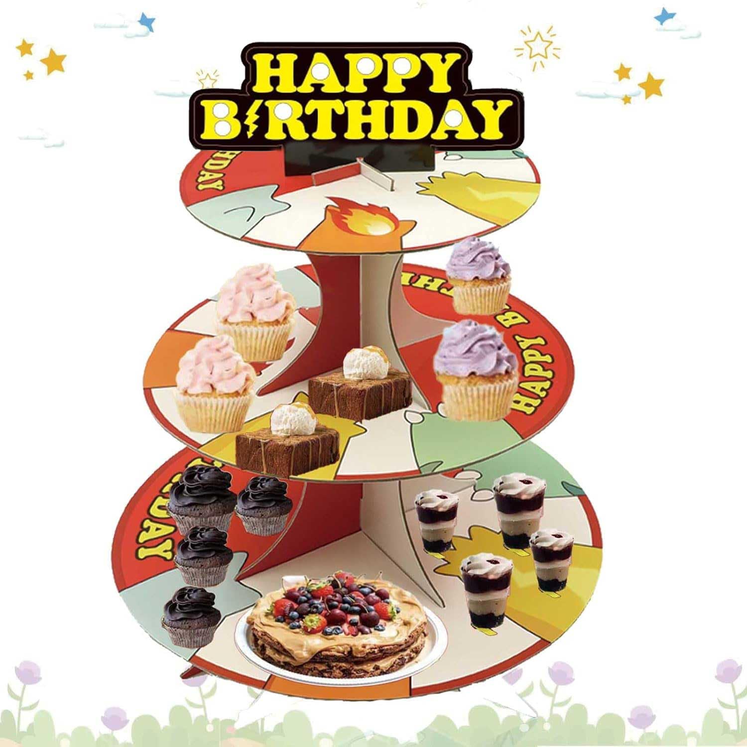 LeiGuoMinyyu Cartoon Monster Round Cardboard Cupcake Stand for Table Decorations Cupcake Toppers 3-Tier Cake Stand for Red Yellow Ball Birthday Party Decorations Supplies