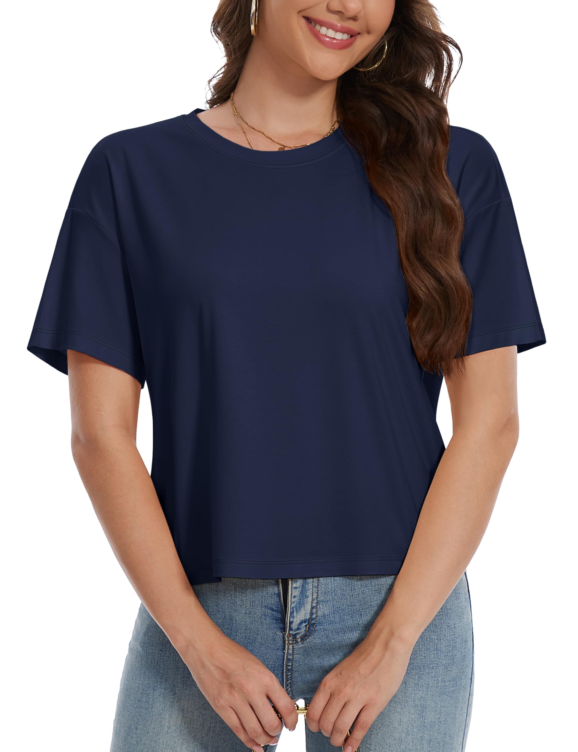 YUCOLEN Women's Crop Tops Summer Short Sleeve Cotton UPF 50+ Round Neck Casual Loose Cropped T-Shirts Solid Basic Tees
