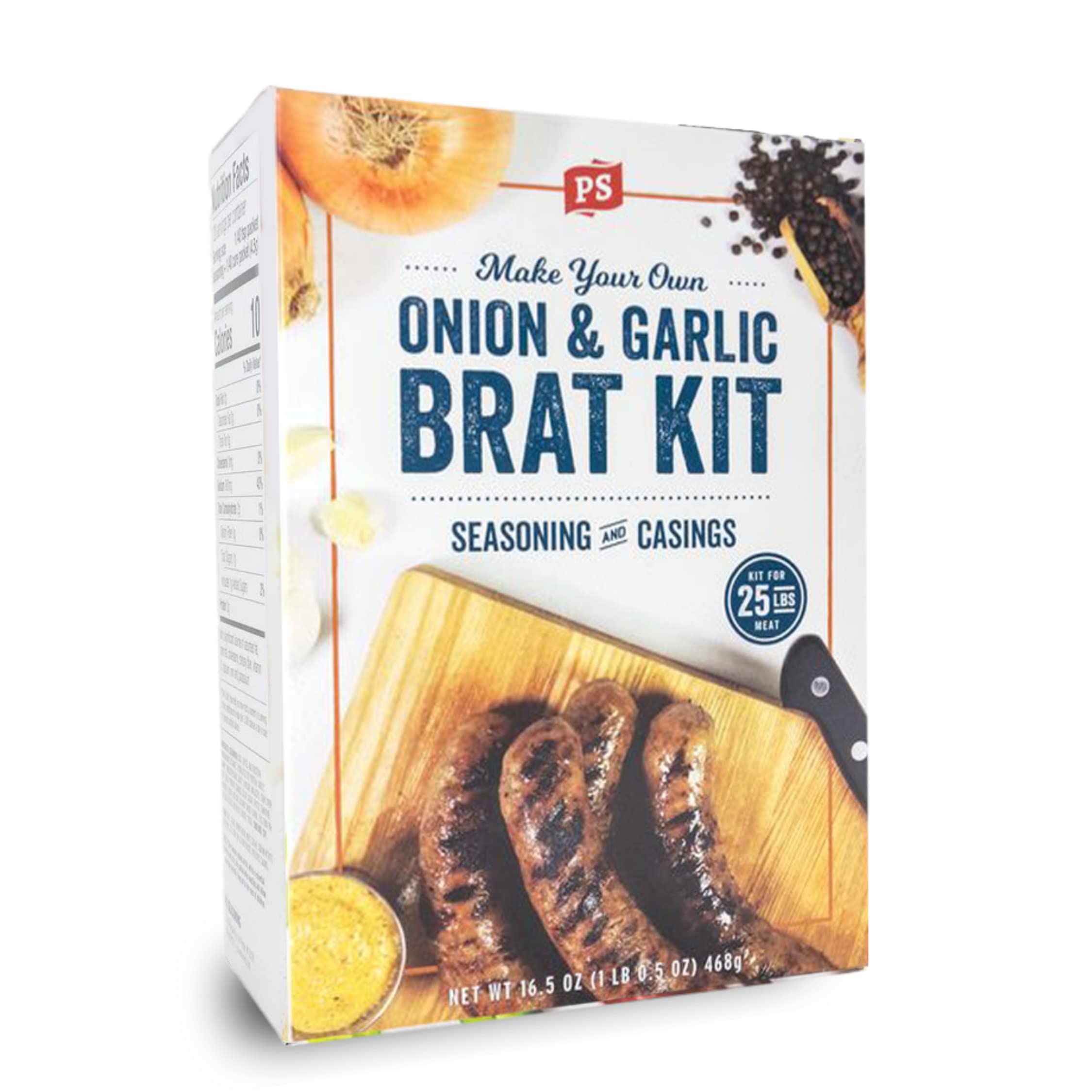 PS Seasoning Onion & Garlic Bratwurst Kit - Includes Sausage Seasoning Mix and Casings for up to 25 lbs of Meat - Easy to Use Sausage Kit for Pork, Beef, Venison, Wild Game