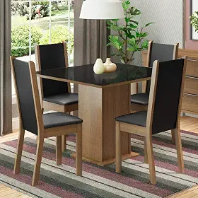 Conjunto Sala de Jantar Madesa Moscou Plus Mesa Tampo de Vidro com 4 Cadeiras - Rustic/Preto/Sintético Preto