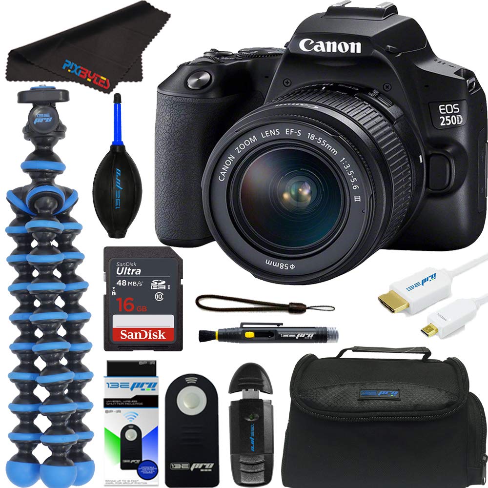 EOS 250D (Rebel SL3) DSLR Camera with 18-55mm f/3.5-5.6 Zoom Lens + 16GB Pixibytes Deluxe Bundle (Renewed)