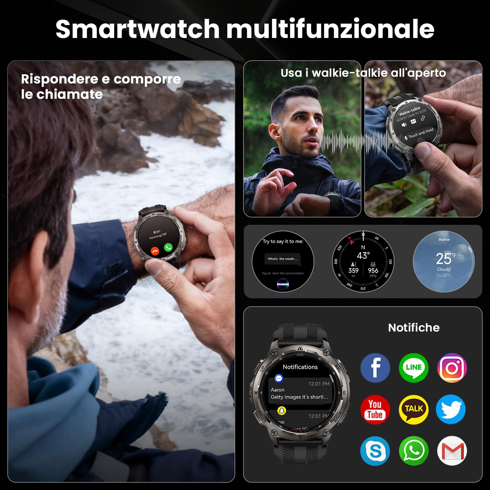 KOSPET Tank T4 Smartwatch Uomo, Acciaio Inox Completo, GPS a 6 Satelliti & Mappe Offline, 10ATM Subacqueo 45m, Batteria 50 Giorni, Chiamate Bluetooth, Monitor Salute 24/7, 1.43",Android & iOS Nero