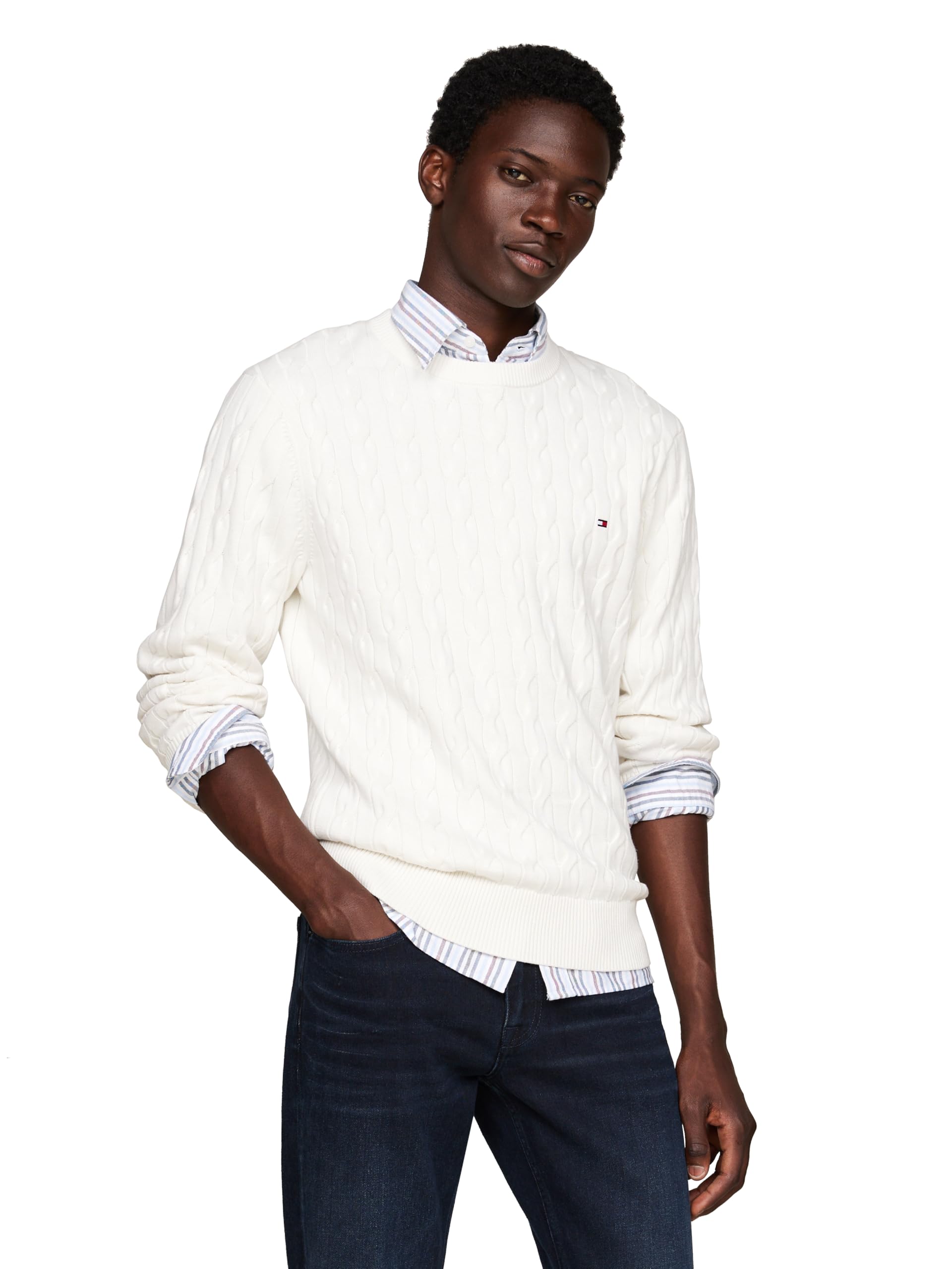 Tommy Hilfiger Men's Ivory Cable Knit Crewneck Sweater Lightweight Pullover, Medium