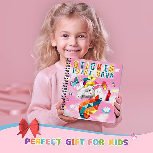 Miniatura 8 de 3 libros de pintura con calcomanías para niños de 4 a 10 años, diseños de animales de sirena de unicornio, pintura por números, regalos de