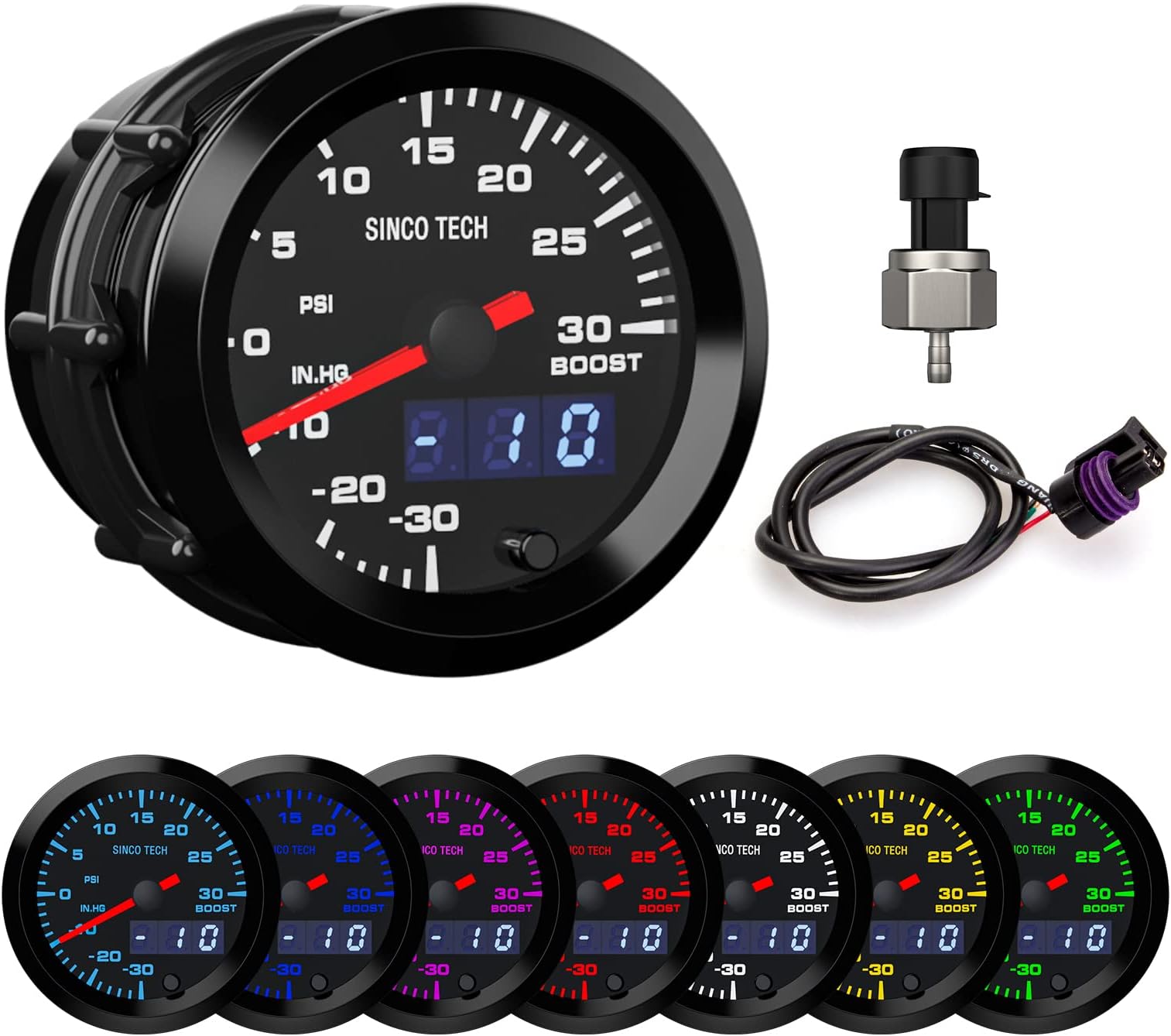 Boost Turbo Gauge with Sensor 52mm Car Meter PSI Gauge Digital Display Pointer 7 Colors LED Boost Gauge Kit 12V Universal (Boost Gauge)…
