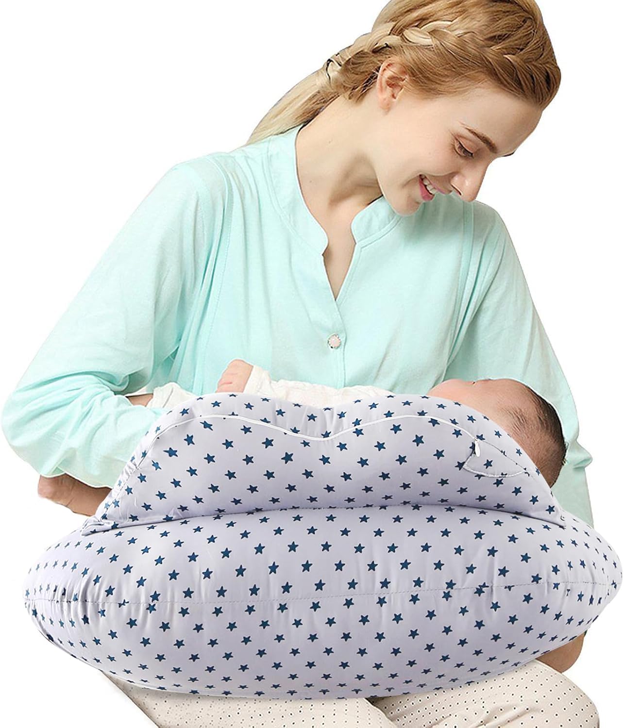 SHANNA Stillkissen XXL, Flaschenfütterung Still Kissen Multifunktionales Nursing Breastfeeding Pillow mit Waschbarem Bezug aus 100% Baumwolle, Verstellbare Taillengurtunterstützung(Grauweiße Sterne)