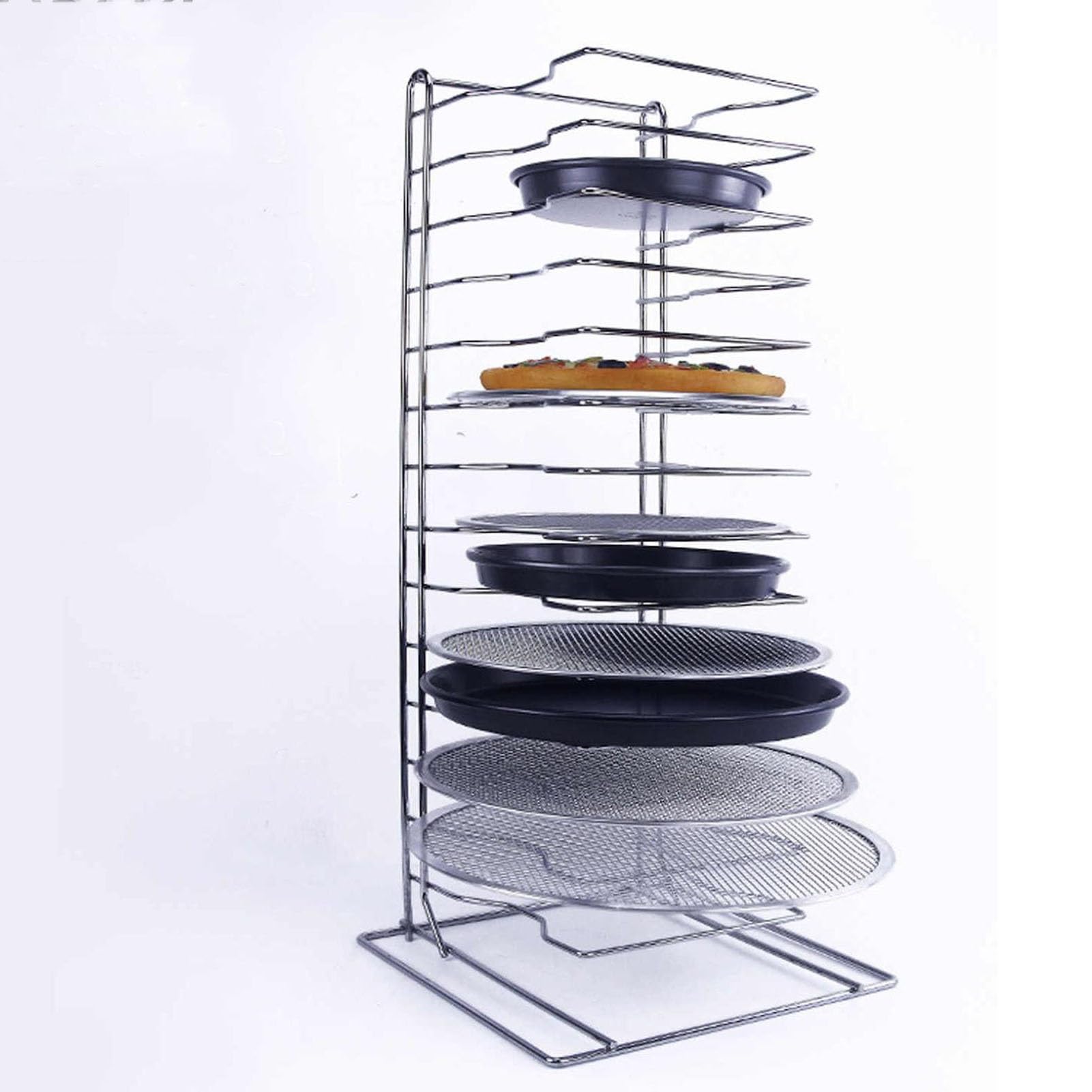 GUODDM Pizza Pan Rack，6/8/11/14-Slot Shelf， Baking Tray Storage Racks，Stack For Stacking Pans Trays Separator Screen(14-Slot shelf)