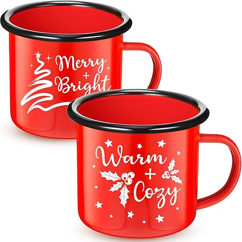 Paquete de 2 tazas de Navidad de 12 onzas de esmalte rojo de Navidad, tazas de té esmaltadas de Papá Noel feliz y brillante, regalo de Navidad, taza