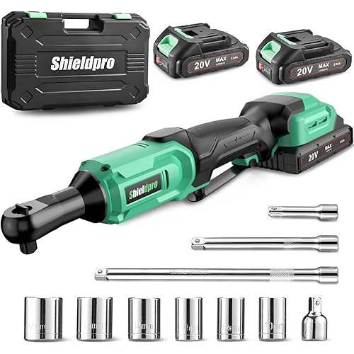 ShieldPro 20V Cordless Ratchet Wrench Set - 3/8" Electric Power Ratchet Kit with 400RPM, LED Work Light, and 2 Batteries, Fast Charger, Sockets, Adapters and Extension Bars (Green)